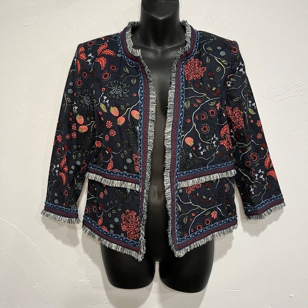 LOFT Women Primavera Strawberry Floral Embroidered Fringe Blazer Jacket Size 0‌